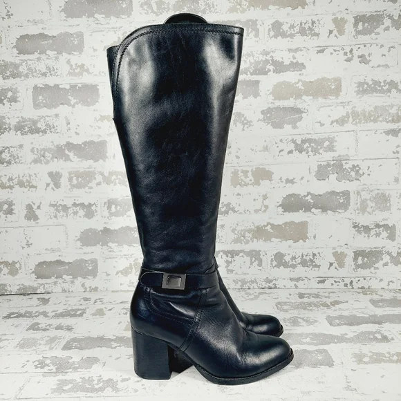 Franco Sarto Alexa Black Leather Zip Up Block Heel Tall Knee High Boots … - Picture 9 of 14